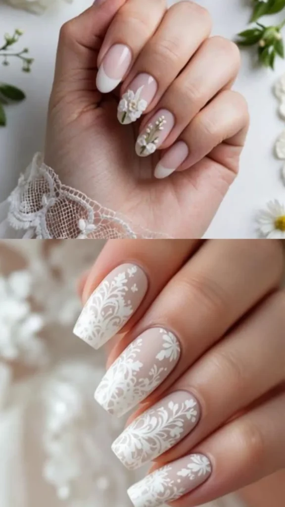 A two-panel visual of floral and lace bridal manicures. The top panel exhibits an almond French manicure adorned with 3D acrylic white floral charms, including a tiny branch with white lily-of-the-valley details. The bottom panel displays square nails embellished with intricate white vine and damask lace stenciling over a soft beige base.