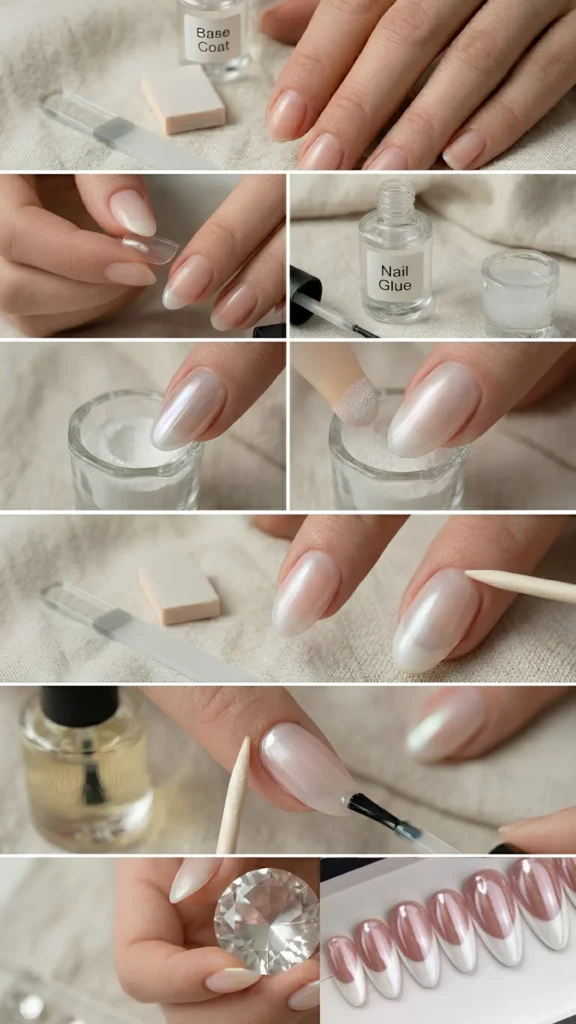 A detailed multi-step graphic guiding through a glazed chrome press-on manicure. The instructional panels show nail prep, applying glue, dusting a fine white pearl chrome powder onto the nail tips, cleaning the cuticle line with a wooden tool, sealing with a glossy top coat, and the final luxury result of iridescent, pearl-white almond nails with soft metallic tips.