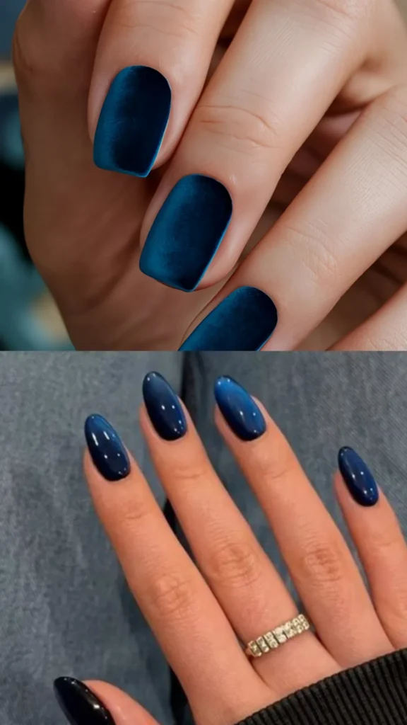 A two-panel layout showcasing deep, hypnotic blue manicures. The top panel highlights short, square nails with a plush, matte velvet texture in a rich royal blue hue. The bottom panel displays elegant oval nails styled with a glossy deep-navy cat-eye or magnetic polish that creates a shimmering, luminous streak down the center of each nail.