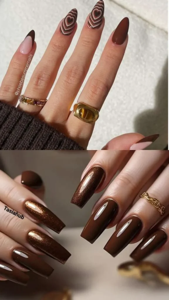 A two-panel layout displaying rich chocolate brown nail art. The top panel shows almond nails combining solid dark brown polish, a classic brown French tip, and a retro concentric heart pattern in shades of brown, tan, and cream. The bottom panel features long square nails alternating between a high-gloss espresso finish and a shimmering metallic copper glitter polish.