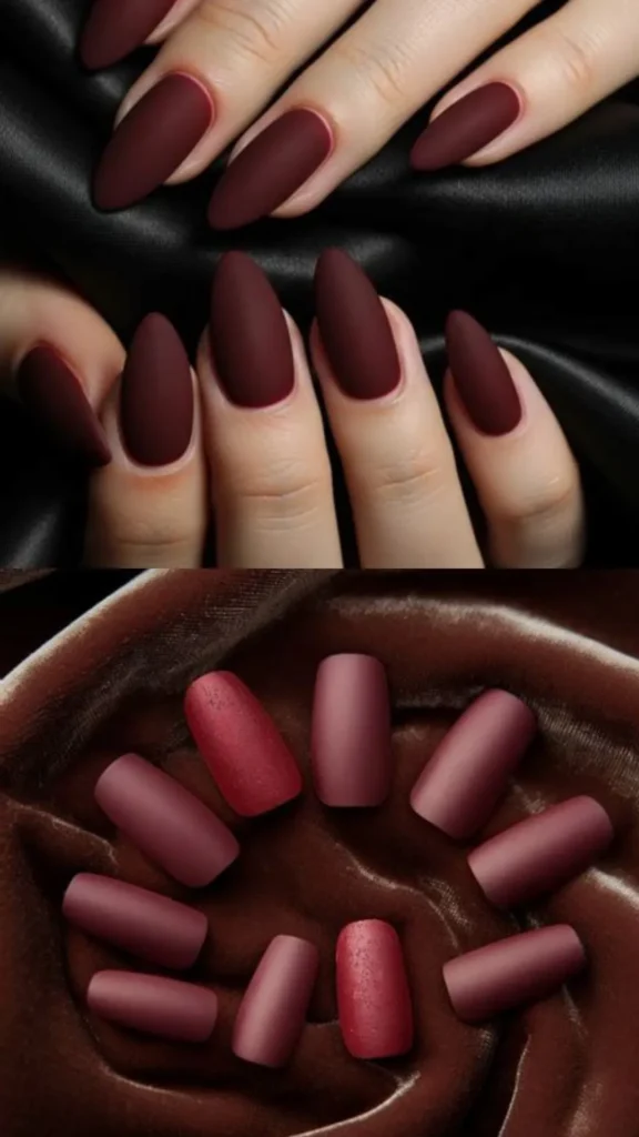 A two-panel layout featuring matte vampy nail designs. The top panel shows a close-up of almond-shaped nails with a smooth, velvety matte dark burgundy finish against black leather. The bottom panel displays false square-shaped press-on nails in various shades of matte muted plum and deep wine red, arranged in a circular pattern on brown velvet fabric.