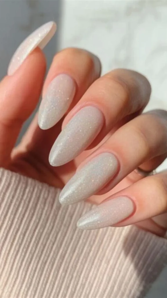 A minimalist and luminous wedding manicure featuring long, almond-shaped nails coated in a sheer, shimmering opal white polish that catches the light with micro-glitter.