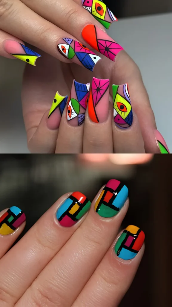 A two-panel display of bold, graphic pop-art nail designs. The top panel showcases long flared square nails with an avant-garde cubist design featuring bright geometric blocks and stylized eye illustrations. The bottom panel exhibits short round nails painted with a high-contrast Piet Mondrian-inspired geometric grid layout in primary colors of red, blue, yellow, green, and thick black lines.