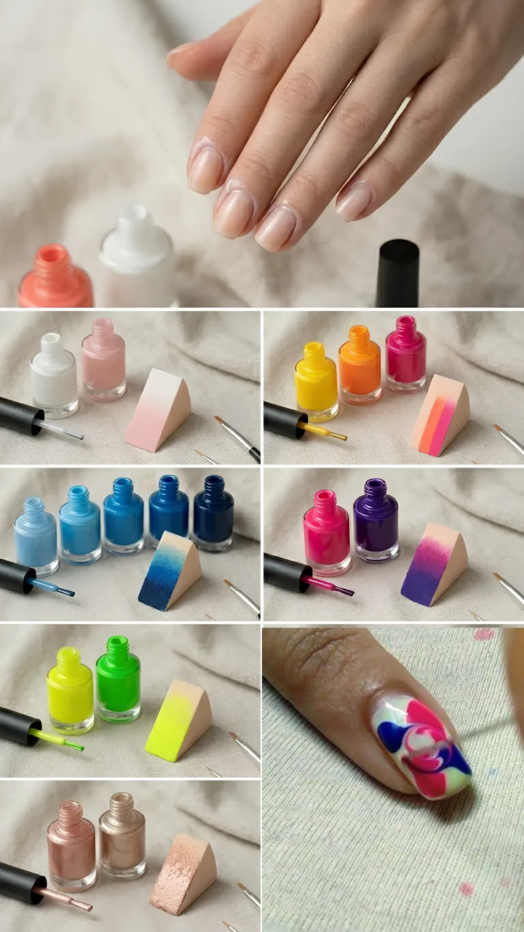 A multi-panel collage demonstrating various color palette inspirations for sponge ombre nail art. Panels showcase different color combinations painted onto wedge sponges next to matching nail polish bottles, including classic white-and-pink, sunset yellow-orange-pink, a gradient of four blue shades, deep magenta-to-purple, neon greens, earth-toned browns, and shimmering metallic copper, ending with a hand holding a finished orange-and-pink ombre nail.