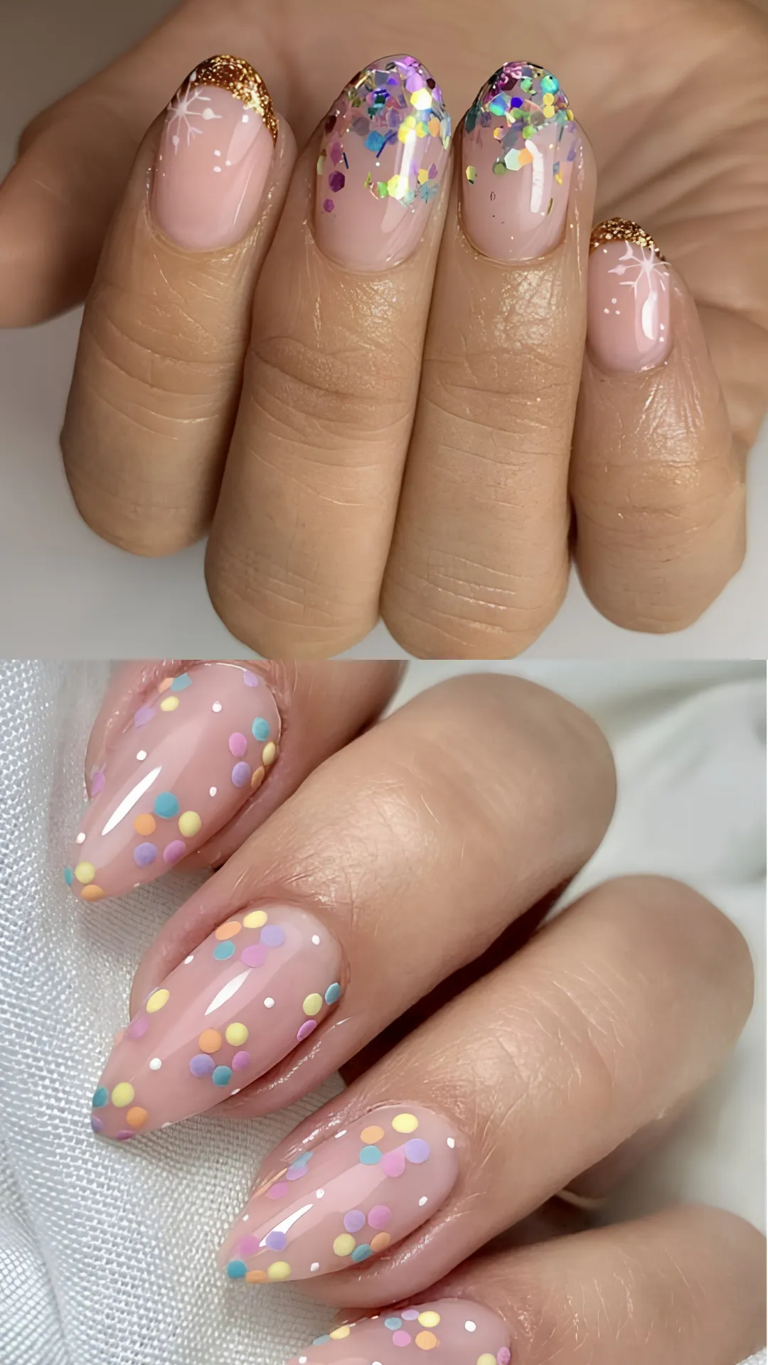 Glamorous long coffin-shaped birthday nails featuring a soft blue-to-purple ombré gradient heavily accented with vibrant pink and purple chunky glitter.