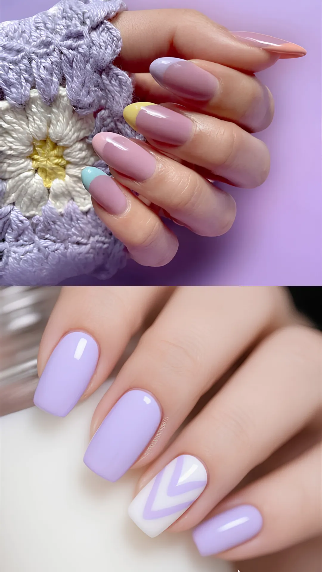 A side-by-side comparison of a multi-colored pastel French manicure with a lavender tip accent (top) and a classic lavender manicure featuring a white geometric chevron accent nail (bottom).