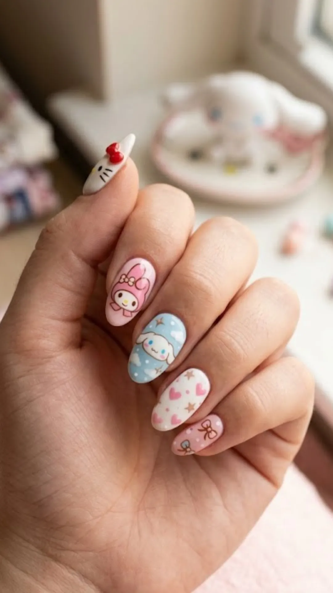 Cute Sanrio character nail art featuring hand-painted portraits of My Melody on a pink nail and Cinnamoroll against a blue sky with white clouds. The remaining nails are accented with white and pink hearts, stars, and tiny bows.