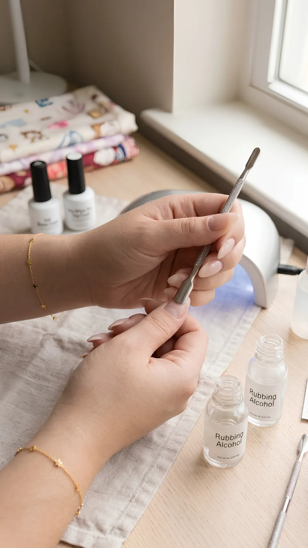 Step 1 of a chrome manicure tutorial showing a person using a metal cuticle pusher to gently push back cuticles on bare almond-shaped nails over a clean towel workspace.