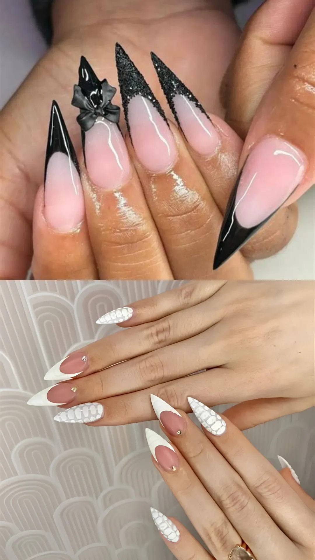 A two-panel display of dramatic stiletto nail designs; the top shows sharp stiletto nails with glossy black French tips, textured black glitter accents, and a prominent 3D black bow jewel. The bottom shows stiletto nails featuring a mix of clean white French tips and a bold white embossed crocodile skin texture pattern.