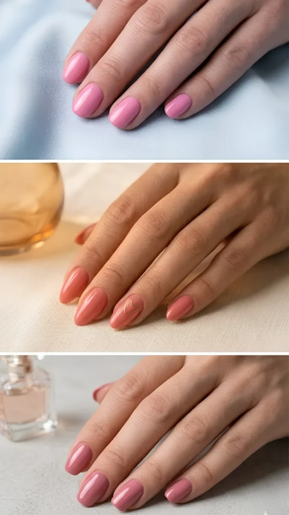 A stacked trio of lifestyle pink manicures. Top panel: Close-up of elegant nude-pink almond nails holding a matching pink fountain pen over a tan leather notebook. Middle panel: Shimmering pink manicured nails with a subtle rose-gold glitter gradient focused on the tips, gently cradling a white porcelain teacup. Bottom panel: High-impact neon hot pink glossy nails wrapped around a colorful layered cocktail with a lime twist accent.