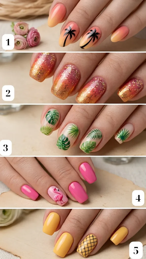 A collage of five tropical summer nail art designs. 1: Orange and yellow sunset ombre with black palm tree silhouettes. 2: Shimmering reddish-pink gradient heavily coated with chunky gold glitter. 3: Clear base adorned with crisp green monstera and palm frond leaf patterns. 4: Vibrant hot pink manicure with a detailed pink flamingo accent nail. 5: Bright yellow nails paired with an accent nail textured like a pineapple shell.