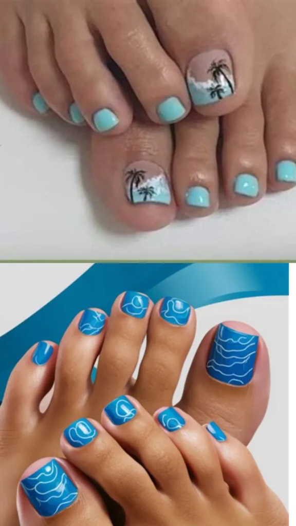 A two-panel display of ocean-inspired pedicure art. The top panel shows a soft turquoise-blue pedicure with a mini beach scene featuring wave foam and black palm tree silhouettes painted onto the big toes. The bottom panel features a vivid, high-contrast dark blue pedicure with flowing, abstract white wave lines across all nails.
