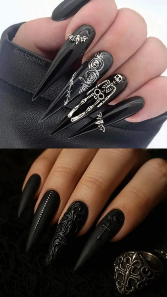 A two-panel image featuring edgy, gothic-inspired black nail art. The top panel displays long stiletto nails with a glossy black base decorated with intricate silver 3D charms including a skeleton, metallic roses, barbed wire, and bats. The bottom panel features a matte black manicure showcasing textured, glossy embossed baroque swirls and a raised gothic cross detail.