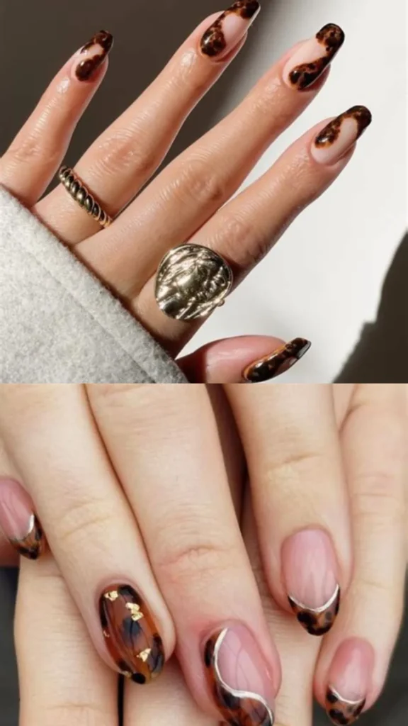 A two-panel display of trendy tortoise shell manicures. The top panel shows long almond nails with a nude base and an organic, wavy tortoise shell pattern along the tips and sides. The bottom panel highlights a detailed close-up of tortoise shell accent nails elevated with luxurious gold foil flakes and clean, metallic silver abstract line art.