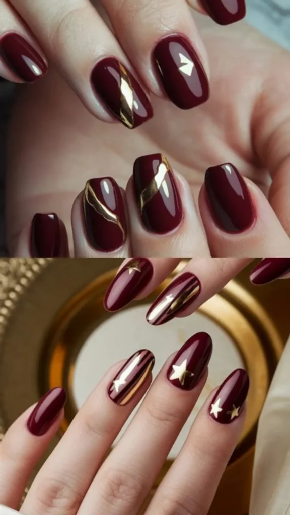A two-panel image displaying dark cherry red nails with luxurious gold accents. The top panel shows short, glossy deep burgundy nails decorated with abstract, jagged streaks of metallic gold foil. The bottom panel features almond-shaped dark red nails adorned with reflective gold metallic stripes and small gold star details.