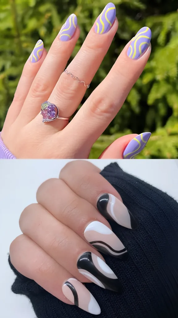 A two-panel visual of fluid, wavy line art. The top panel shows long almond-shaped nails coated in a matte pastel purple finish decorated with minimalist, squiggly pastel yellow lines. The bottom panel shows long stiletto nails with a neutral beige base accented by sleek, undulating organic curves in solid black and crisp white.