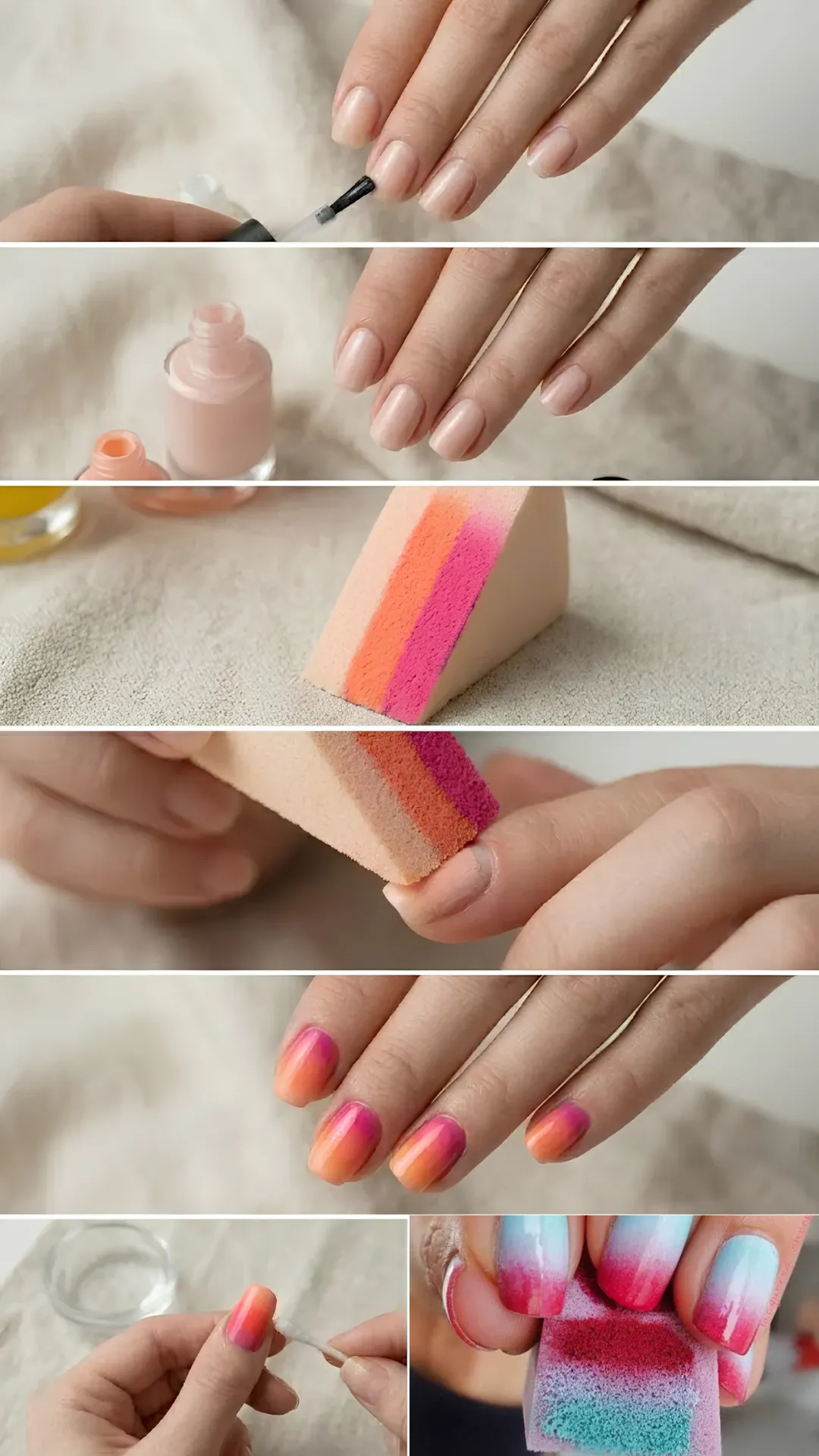 A step-by-step, six-panel visual guide showing how to apply sponge ombre nail art. The panels sequentially demonstrate applying a clear base coat, painting a solid light pink base color, painting orange and pink stripes onto a wedge makeup sponge, dabbing the sponge directly onto the fingernail, displaying the blended gradient effect, and cleaning the messy edges using a cotton bud dipped in remover.