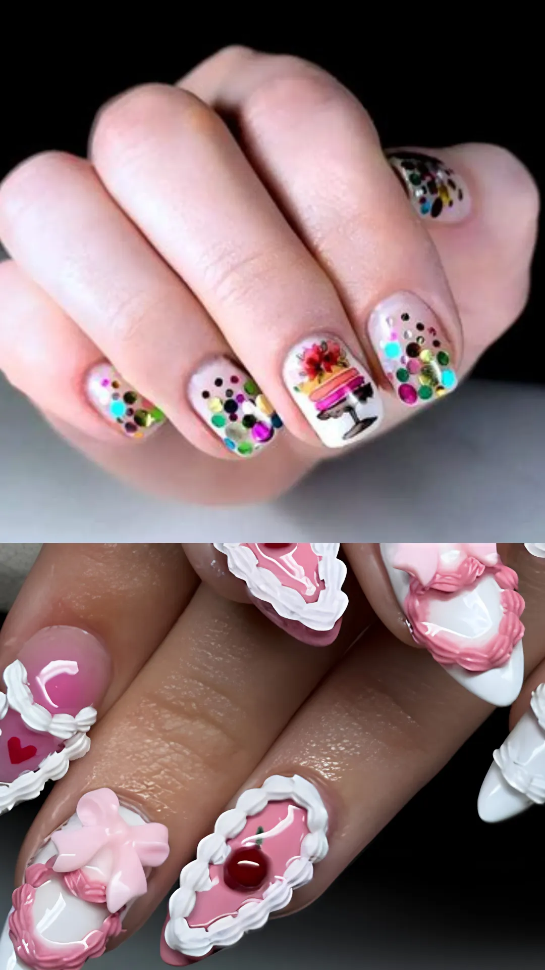 Elegant winter birthday nail art with a glossy nude base, colorful metallic glitter French tips, and delicate white snowflake accents.