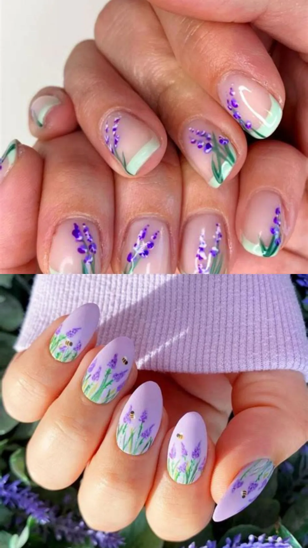 Dreamy botanical nail art showing delicate hand-painted lavender sprigs and tiny bumblebees on a matte lavender base (bottom) compared with sheer French tips featuring lavender floral illustrations (top).