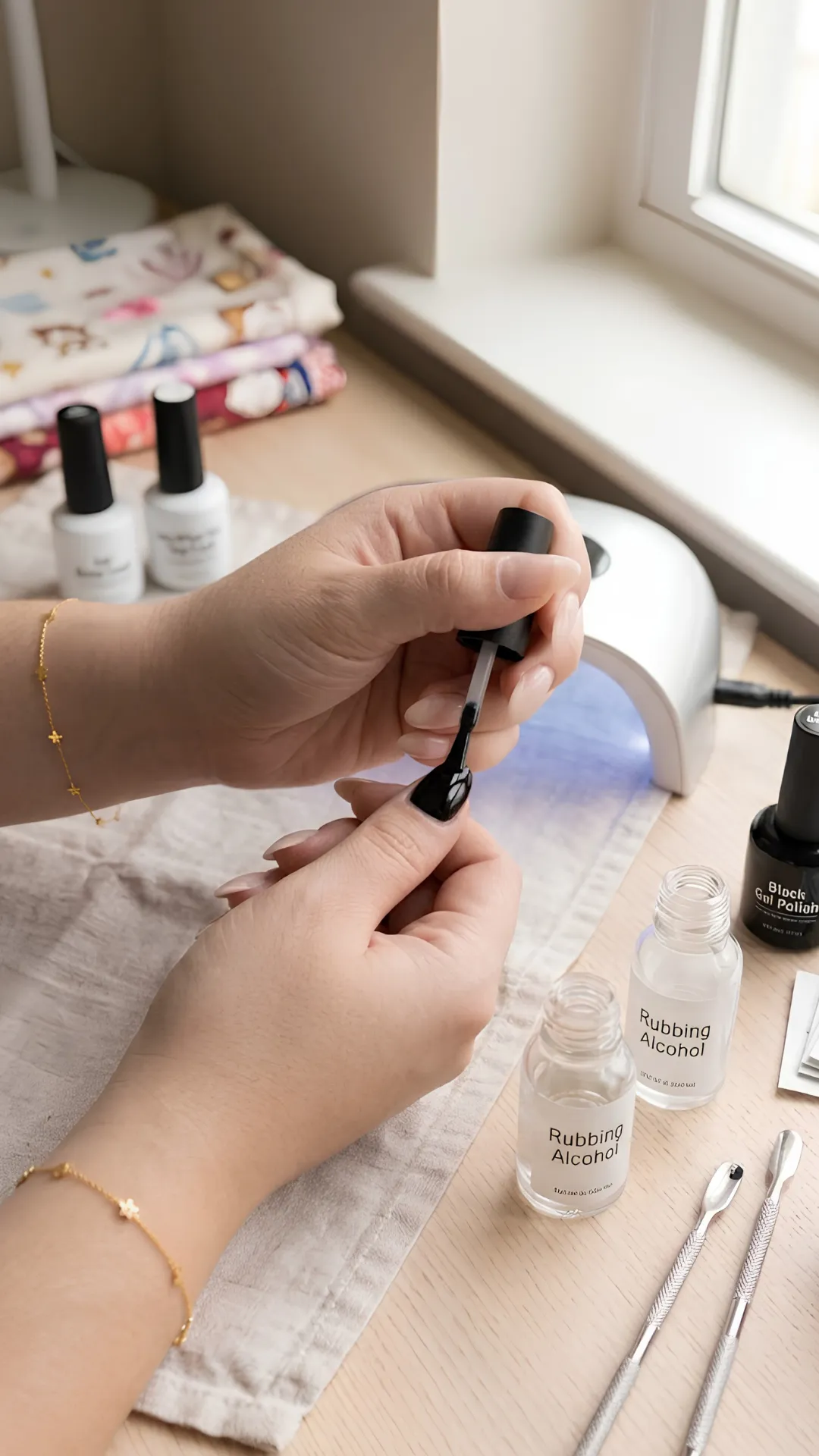 tep 2 of a chrome manicure tutorial where a person applies a smooth, even layer of black gel polish to a natural fingernail using a polish brush.
