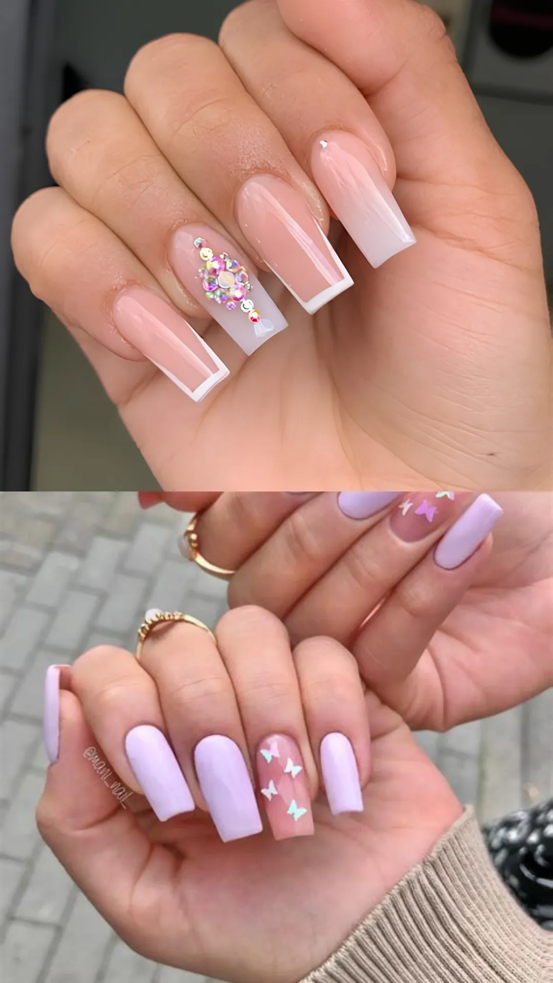 A two-panel collection of long square statement nails; the top image highlights a clean pink-and-white ombré base heavily embellished with a cascade of iridescent multi-colored crystals. The bottom image displays a soft pastel lavender manicure featuring clear accent nails decorated with holographic pink and blue butterfly glitter pieces.