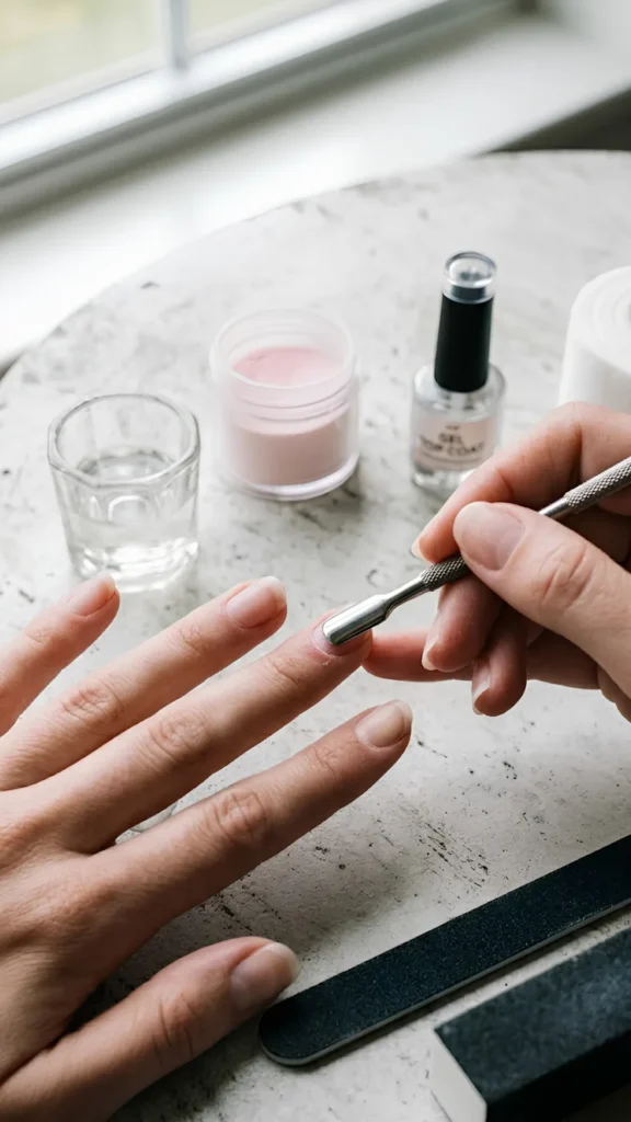 A close-up view of a person using a metal cuticle pusher to prep a fingernail plate. In the background, jars of pink acrylic powder, a clear dappen dish with monomer liquid, a bottle of gel top coat, and a black nail file rest on a light marble surface.