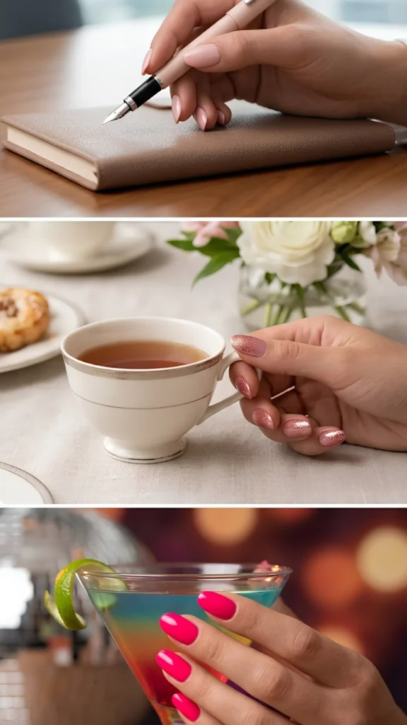 A stacked trio of everyday pink manicures. Top panel: Short oval nails painted in a solid, glossy bubblegum pink shade set against a soft light blue cloth background. Middle panel: Muted coral-pink almond nails decorated with a delicate gold heart outline on the ring finger. Bottom panel: Elegant mauve-pink glossy nails showcasing a sophisticated dusty-rose hue next to a clear glass perfume bottle.