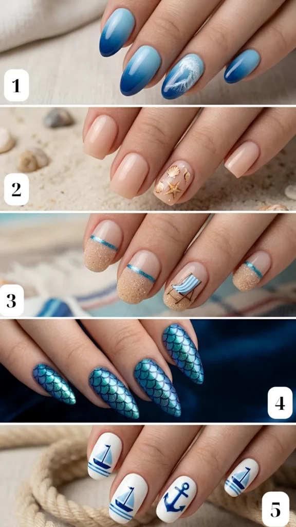 A collage of five beach-themed summer manicures. 1: Deep-sea blue to sky blue ombre with a white crashing wave on the ring finger. 2: Soft nude-beige square nails accented with tiny golden 3D seashells and a starfish. 3: Clear nails with textured sand tips bordered by a thin blue line, featuring a miniature beach lounge chair accent. 4: Pointed stiletto nails with shimmering metallic teal-blue mermaid scales. 5: Crisp white nails featuring nautical blue anchor and sailboat illustrations.