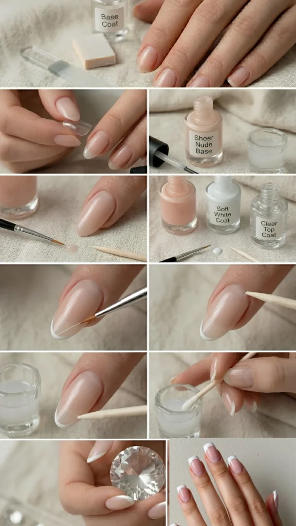 A step-by-step collage detailing the creation of a flawless, classic French tip press-on manicure. The panels trace the process from initial nail preparation to applying a sheer nude base coat, carefully sketching crisp white tips with a detail brush, cleaning up the smile lines with a wooden stick and cotton swab, and the final look of a perfectly clean, elegant French manicure.