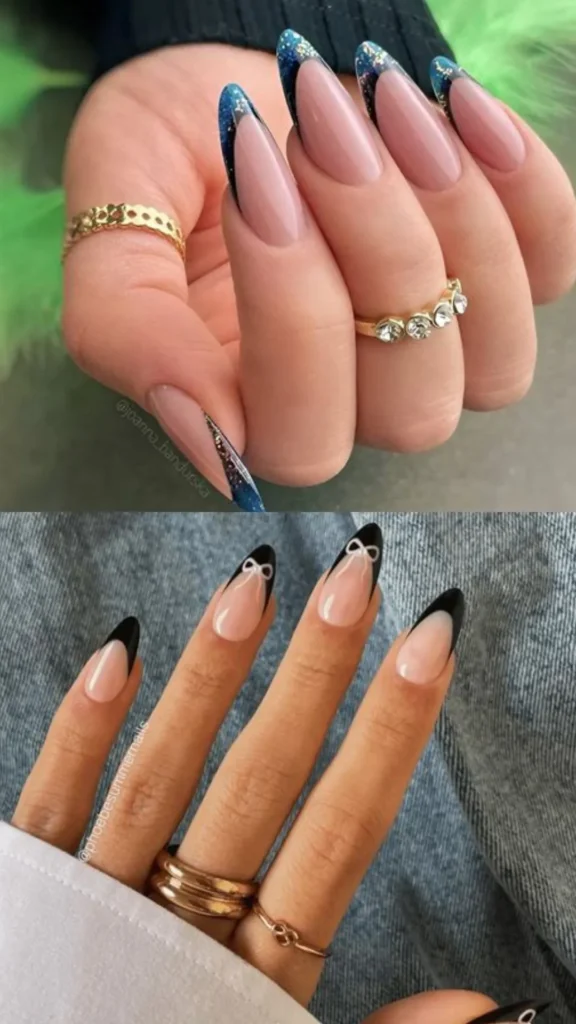 A two-panel visual of dark, sophisticated French tip variations. The top panel shows long almond nails with a nude base and deep navy blue French tips accented by subtle silver glitter flakes. The bottom panel features sleek black French tips on oval-shaped nails, beautifully detailed with minimalist white bow art at the center of the smile lines.