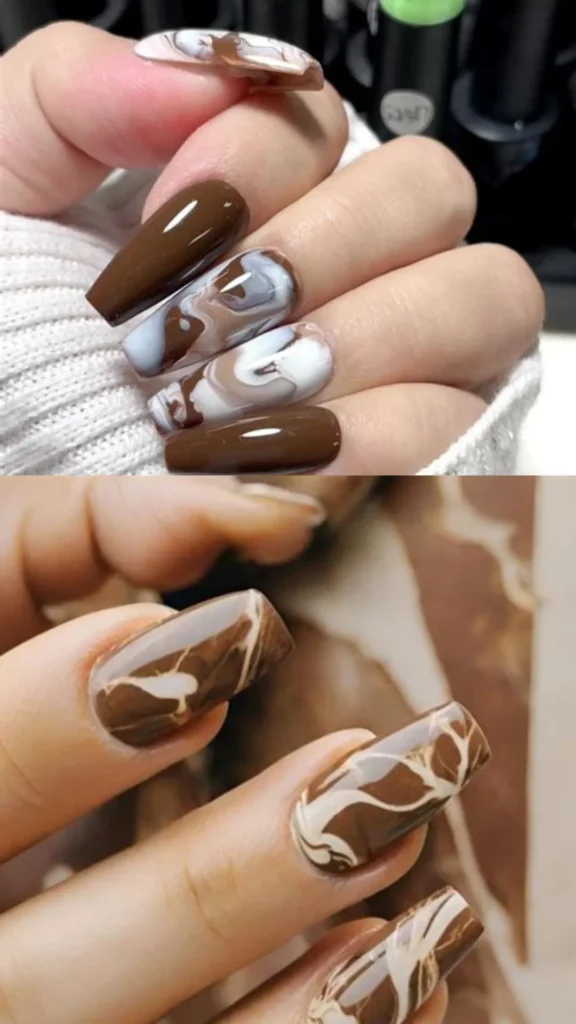 A two-panel image featuring fluid brown marble designs. The top panel displays long coffin nails with a mix of solid glossy chocolate brown and a mesmerizing brown, white, and gray liquid marble swirl. The bottom panel shows square nails with a dark mahogany base accented by sharp, crisp white fluid marble streaks resembling smoke.