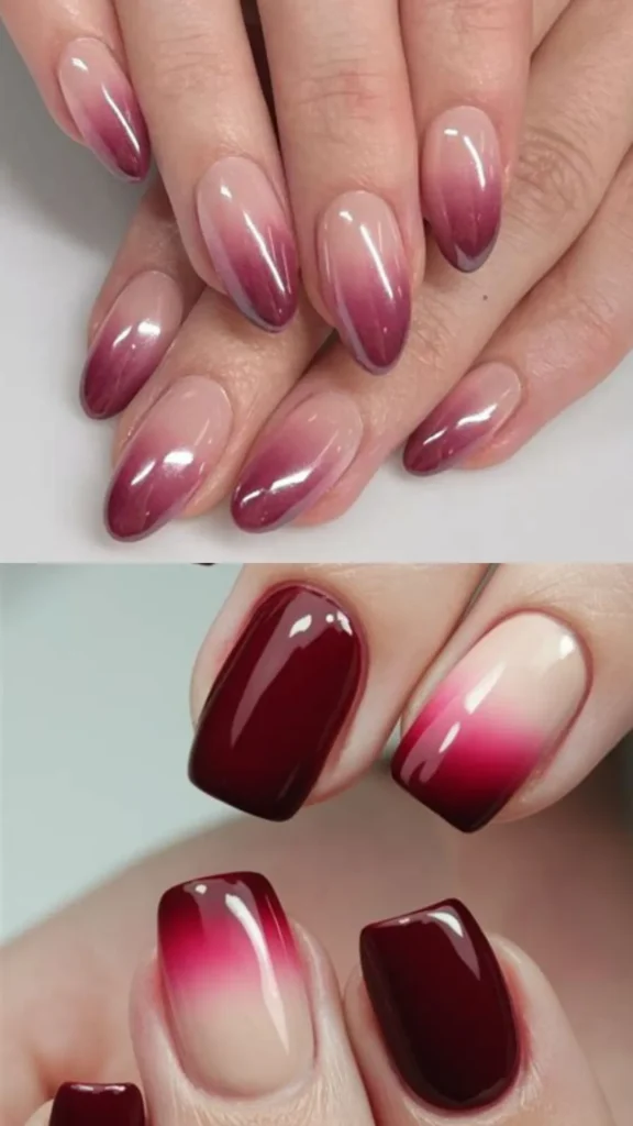 A two-panel visual showcasing gradient ombre nail designs. The top panel features almond-shaped nails with a soft ombre transition fading from a sheer nude base to deep berry-burgundy tips. The bottom panel exhibits square-shaped nails with a striking, high-contrast ombre fading from a milky white base into a vibrant magenta and deep cherry red at the tips.