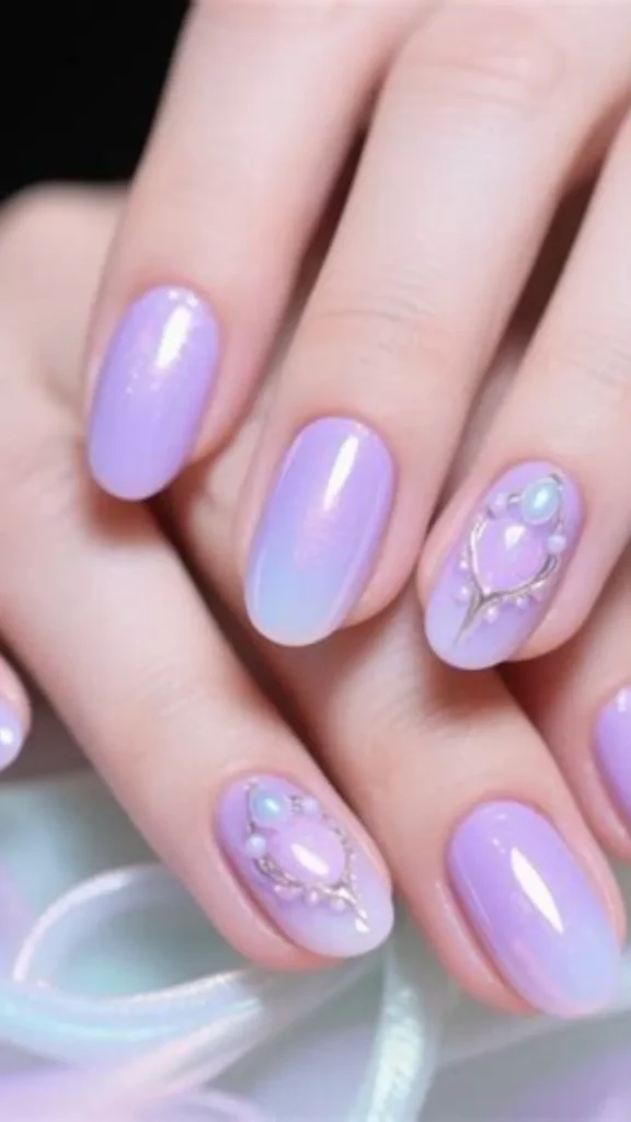 A whimsical wedding manicure showcasing round nails painted in a soft lavender-to-blue ombre gradient, with select accent nails intricately adorned with 3D silver borders and tiny white pearls resembling a vintage cameo frame.
