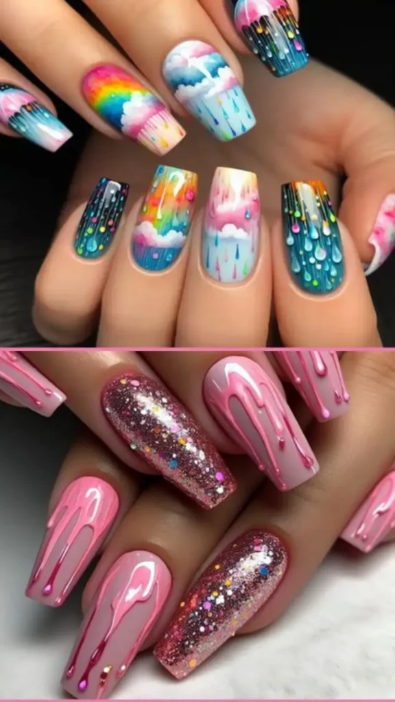 A two-panel image featuring creative, textured drip art. The top panel depicts a whimsical, colorful sky-themed manicure with hand-painted rainbows, clouds, and textured, multi-colored 3D raindrops falling down the nails. The bottom panel displays long coffin nails featuring a glamorous combination of full rose-gold glitter accent nails and glossy mauve nails with thick, raised 3D drips of pink polish.