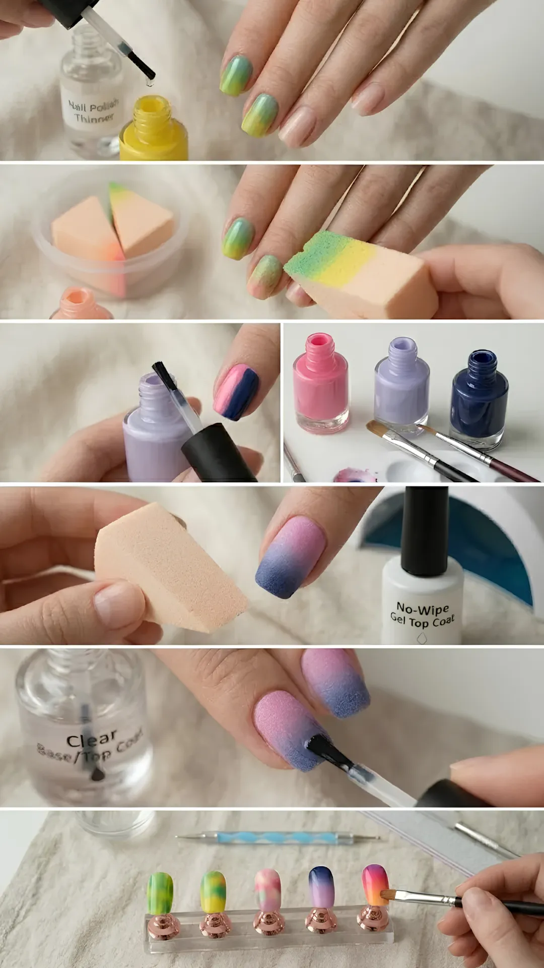 A six-panel image detailing professional ombre blending techniques and troubleshooting steps. It illustrates using nail polish thinner to revive formulas, dabbing a green-and-yellow sponge, painting two contrasting colors side-by-side on a nail before blending, sponge application on a pink-to-blue gradient, sealing a textured gradient with a clear top coat, and painting custom color swatches on a display stand.