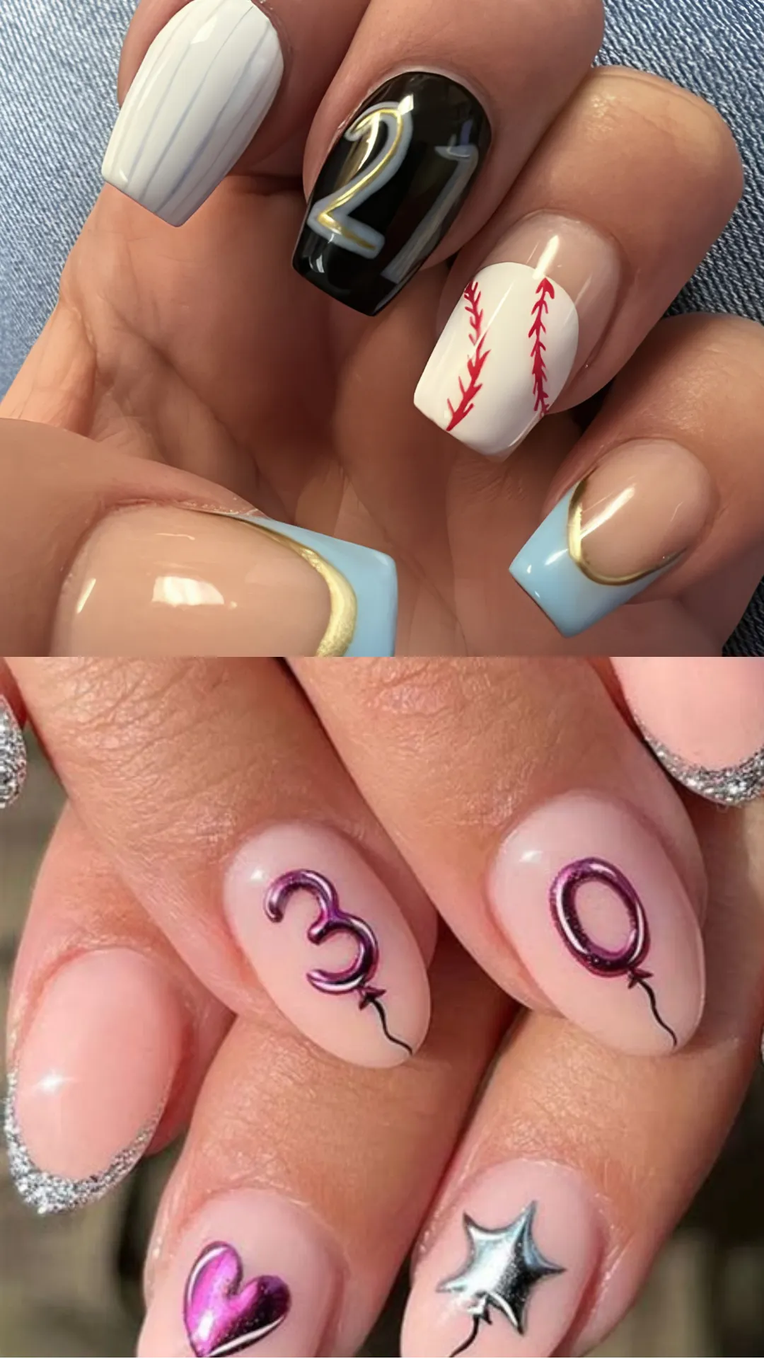 Fun and playful almond-shaped birthday nails with a classic nude base covered in a colorful assortment of pastel confetti polka dots.