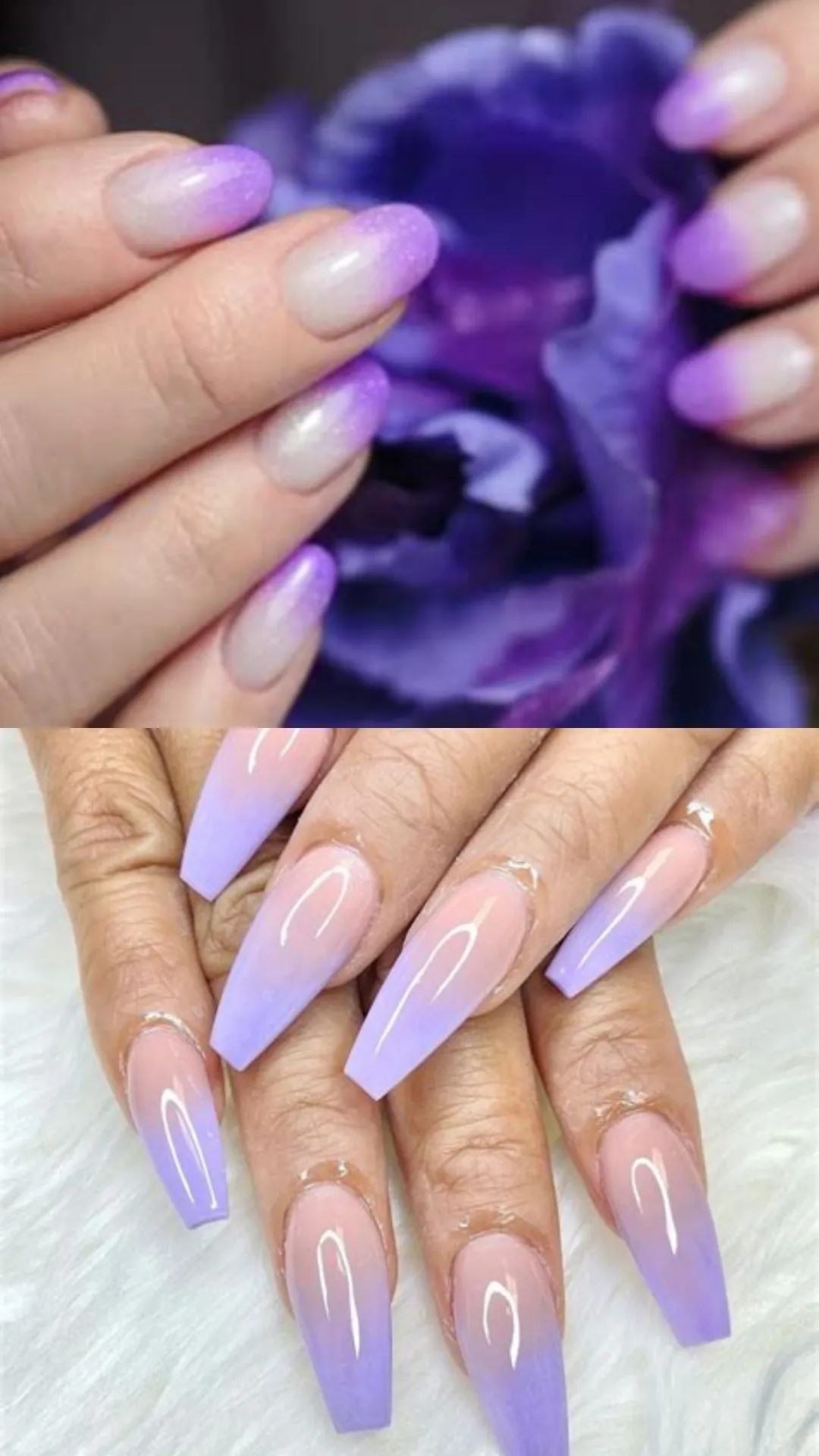 Soft, dreamy ombré nail designs showing a subtle vertical purple-to-white gradient (top) and a dramatic pink-to-lavender long coffin nail gradient (bottom).