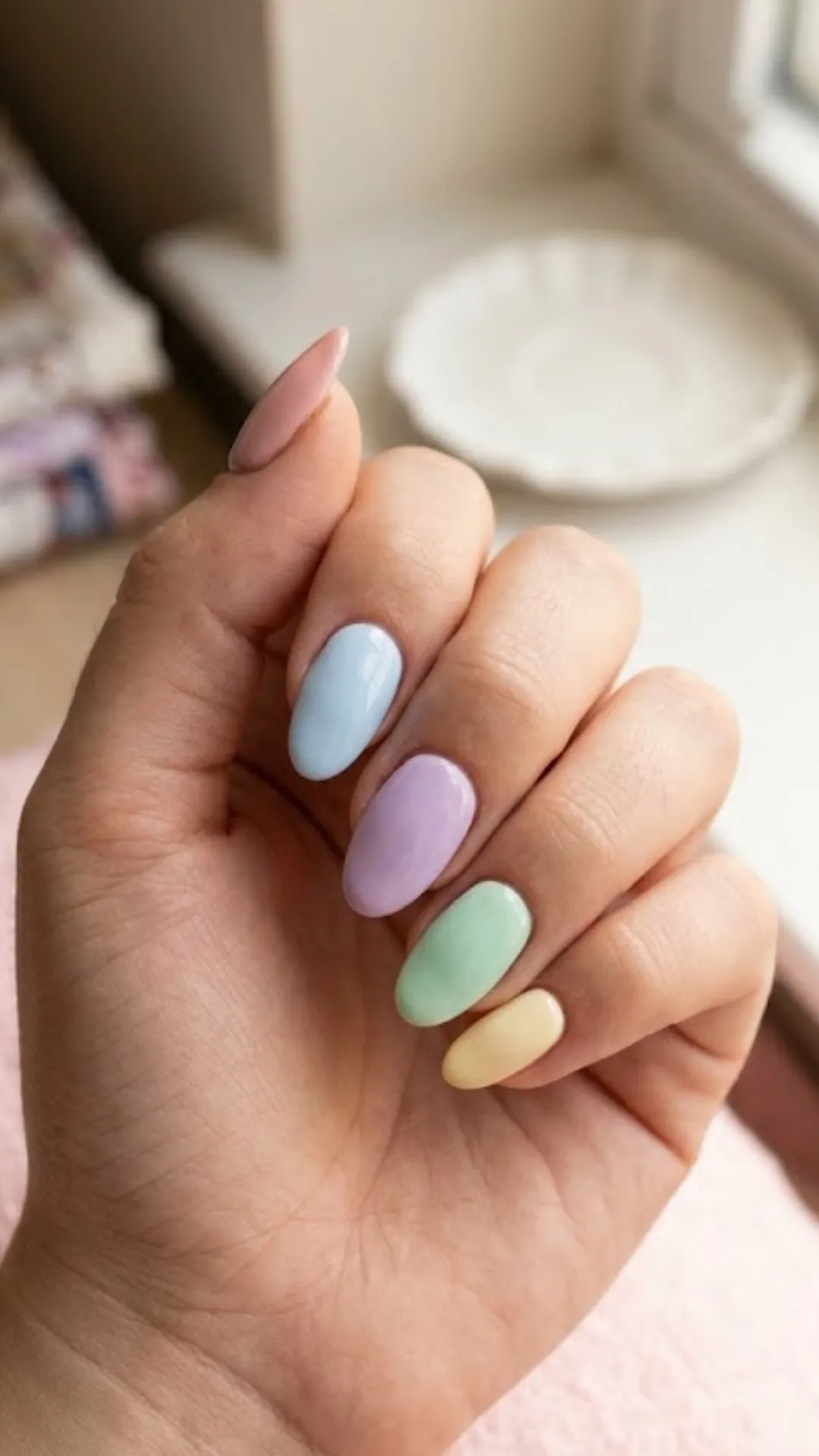 A simple and clean pastel skittle manicure on medium oval nails, featuring five different glossy solid colors: soft pink, baby blue, lavender, mint green, and pale yellow.