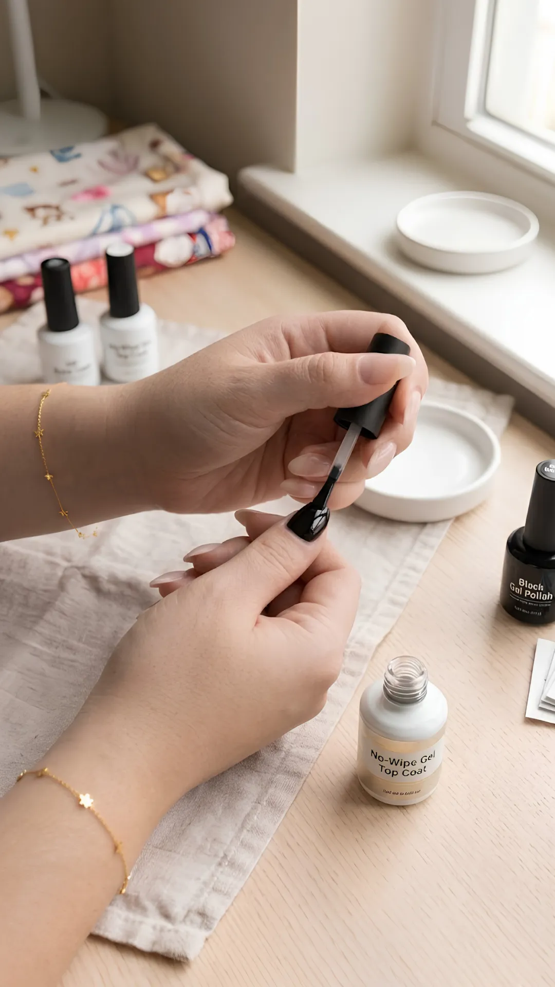 Step 3 of a chrome nail tutorial showing the application of a clear no-wipe gel top coat over the cured black base coat layer before applying chrome powder.