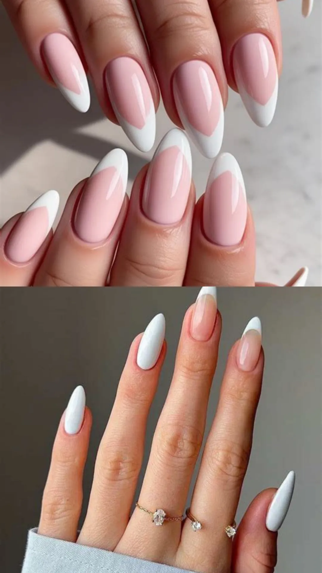 A two-panel view of timeless almond-shaped manicures; the top features elegant, long almond nails with flawless, classic white French tips on a soft pink base. The bottom showcases a modern minimalist variation with alternating solid opaque white nails and sheer nude bases finished with subtle white tips.