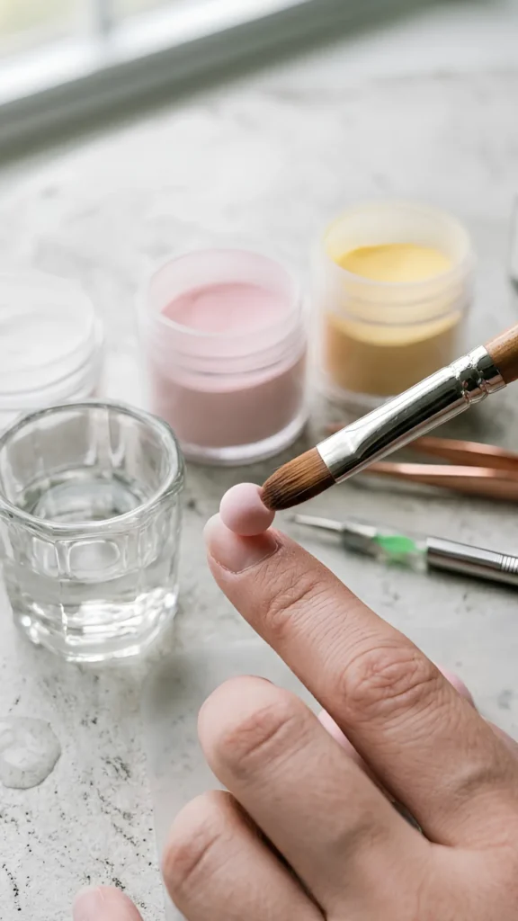 A close-up shot of an acrylic nail brush picking up a perfect, smooth pink acrylic bead and placing it onto the tip of a fingernail. Jars of pink and yellow acrylic powder, tweezers, and a dappen dish filled with clear monomer are visible in the background.