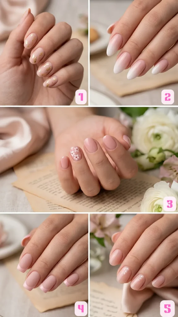 A collage of five delicate, natural-looking nude-pink nail styles. Panel 1: Sheer pink base decorated with scattered flakes of elegant gold leaf. Panel 2: A smooth, flawless pink-to-white baby boomer ombre fade on almond nails. Panel 3: Minimalist pale pink manicure with small white floral accents on the ring finger. Panel 4: Classic French manicure featuring soft pink tips instead of traditional white. Panel 5: Translucent pink nails accented with three tiny white dots neatly arranged at the cuticle base.