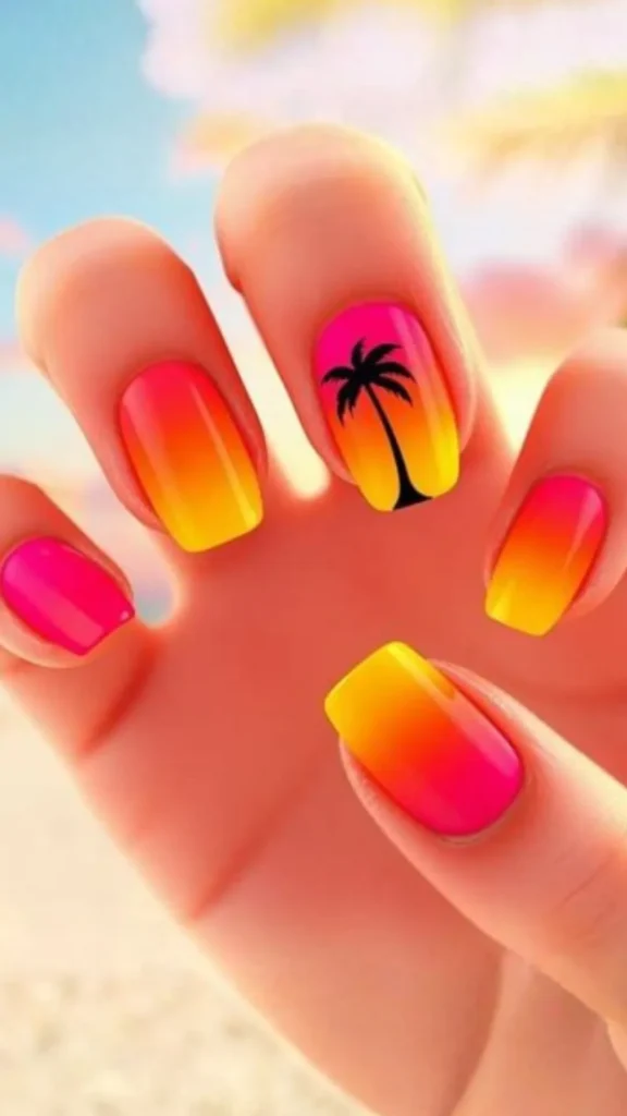A close-up of a hand featuring a sunset-inspired ombre manicure on square-oval nails. The gradient transitions beautifully from a vibrant hot pink at the base to a sunny yellow at the tips, with one accent nail displaying a sharp black silhouette of a single palm tree.