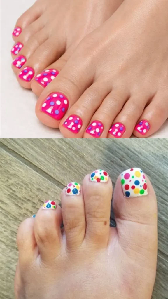 A split image showcasing colorful polka-dot toenail designs. The top panel displays a bright magenta-pink base decorated with a playful pattern of white and purple polka dots. The bottom panel features a clean white base coat heavily detailed with vibrant, multi-colored polka dots in red, green, blue, and yellow.