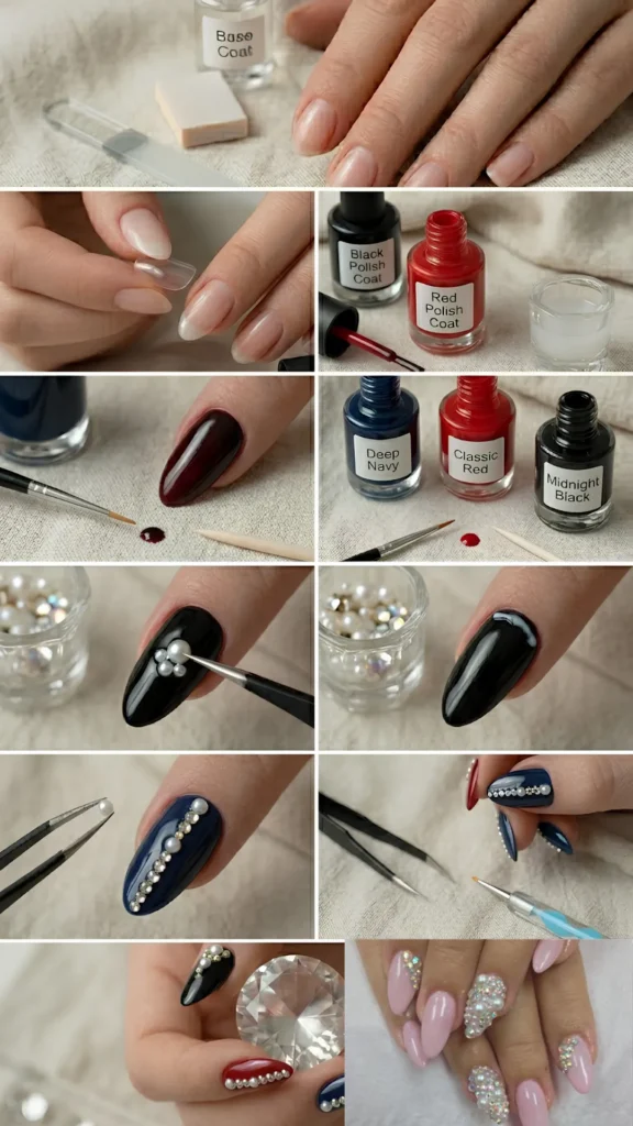 A comprehensive multi-panel tutorial for crafting luxury, 3D-embellished press-on nails. The instructions detail coating the nails in deep crimson red, midnight black, and dark navy blue, using fine tweezers to precisely position lines and clusters of shimmering white pearls and crystals, and the final opulent look featuring heavily embellished pink and gemstone-accented statement nails.