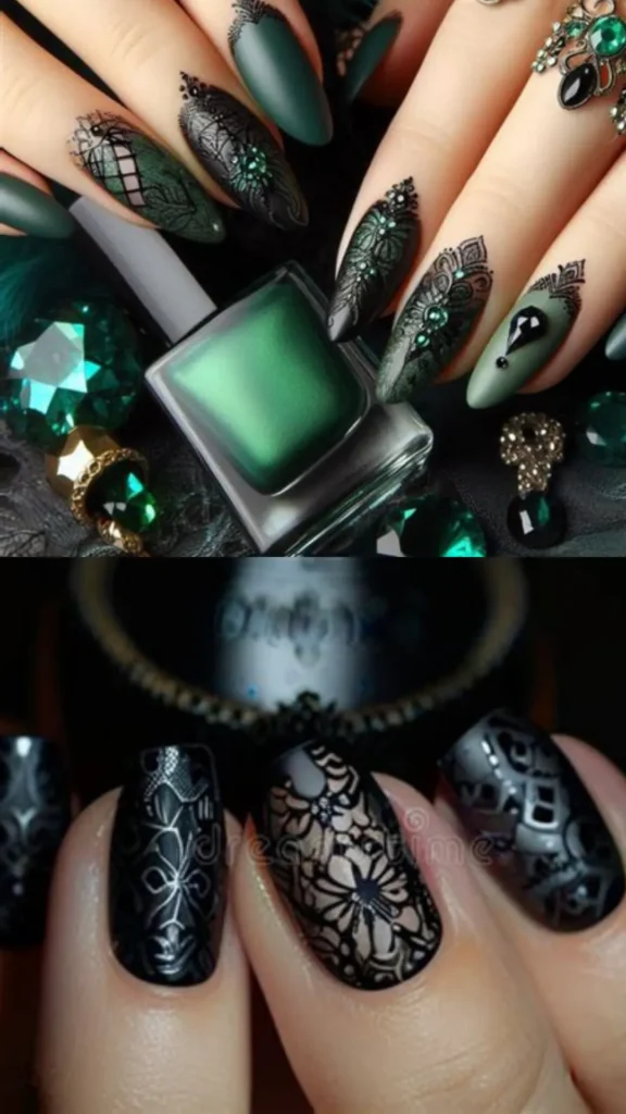 A two-panel showcase of intricate, dark lace-patterned manicures. The top panel features long almond nails in a matte forest green and black color scheme, meticulously detailed with black lace netting designs and dark gemstone accents. The bottom panel highlights shorter, rounded nails featuring a high-contrast black stamped floral lace overlay on a translucent base.