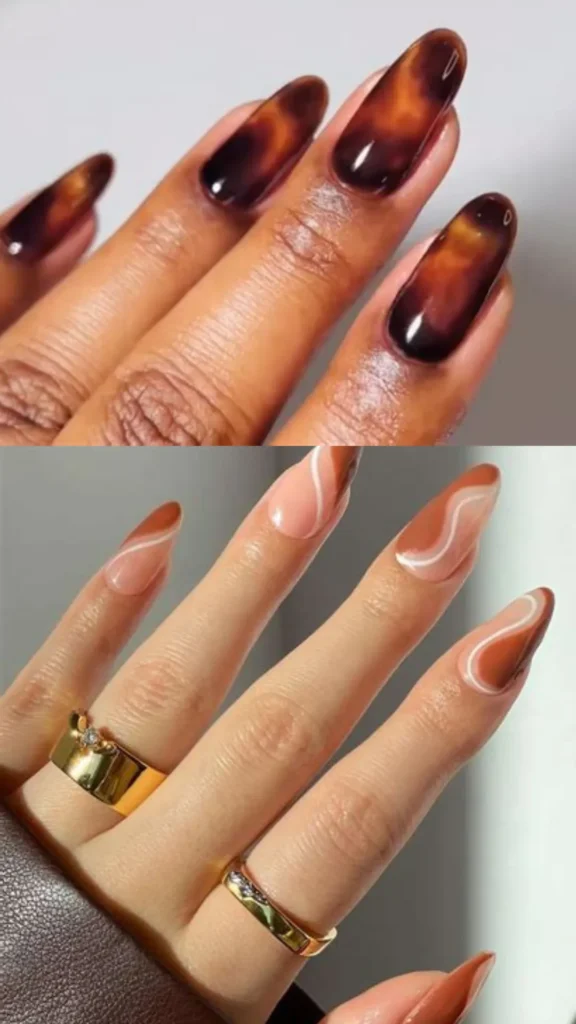 A two-panel showcase of warm-toned brown nail art. The top panel highlights long oval nails painted in a glossy, translucent amber and dark brown tortoiseshell pattern. The bottom panel displays long almond nails with a nude base, decorated with asymmetrical abstract blocks of warm caramel brown and minimalist white wavy lines.
