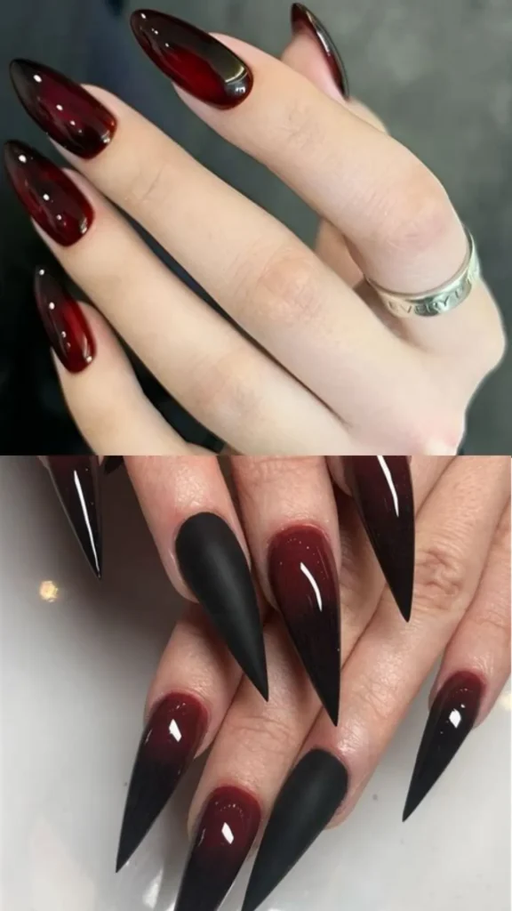 A two-panel image highlighting dramatic, moody manicures. The top panel shows long, glossy translucent black-cherry jelly nails on a hand wearing a silver ring. The bottom panel features ultra-long, sharp stiletto nails alternating between solid matte black and a high-gloss, dark red-to-black gradient ombre.