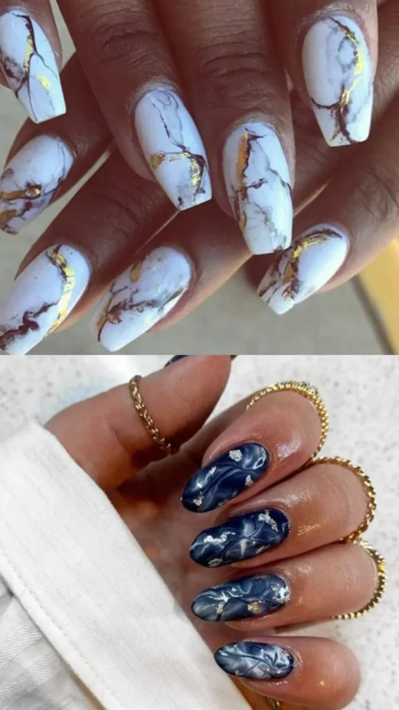A two-panel showcase of luxurious stone-veined effects. The top panel features square coffin nails mimicking classical white marble with delicate grey veins and striking cracks of metallic gold leaf foil. The bottom panel features shorter oval nails with a deep navy blue and white geode quartz smoke swirl pattern, accented with flecks of reflective silver foil.