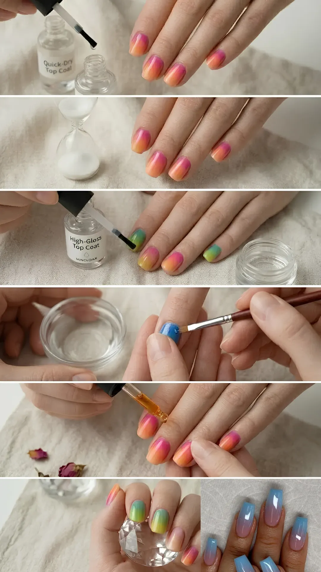 A six-panel breakdown of the final steps for a perfect manicure finish. The panels illustrate applying a quick-dry top coat, a small hourglass symbolizing drying time, applying a high-gloss gel top coat, using a fine brush dipped in acetone to clean the cuticles, massaging a drop of cuticle oil onto the skin, and a final shot of a hand holding a glass diamond to show off vibrant multi-colored ombre nails.